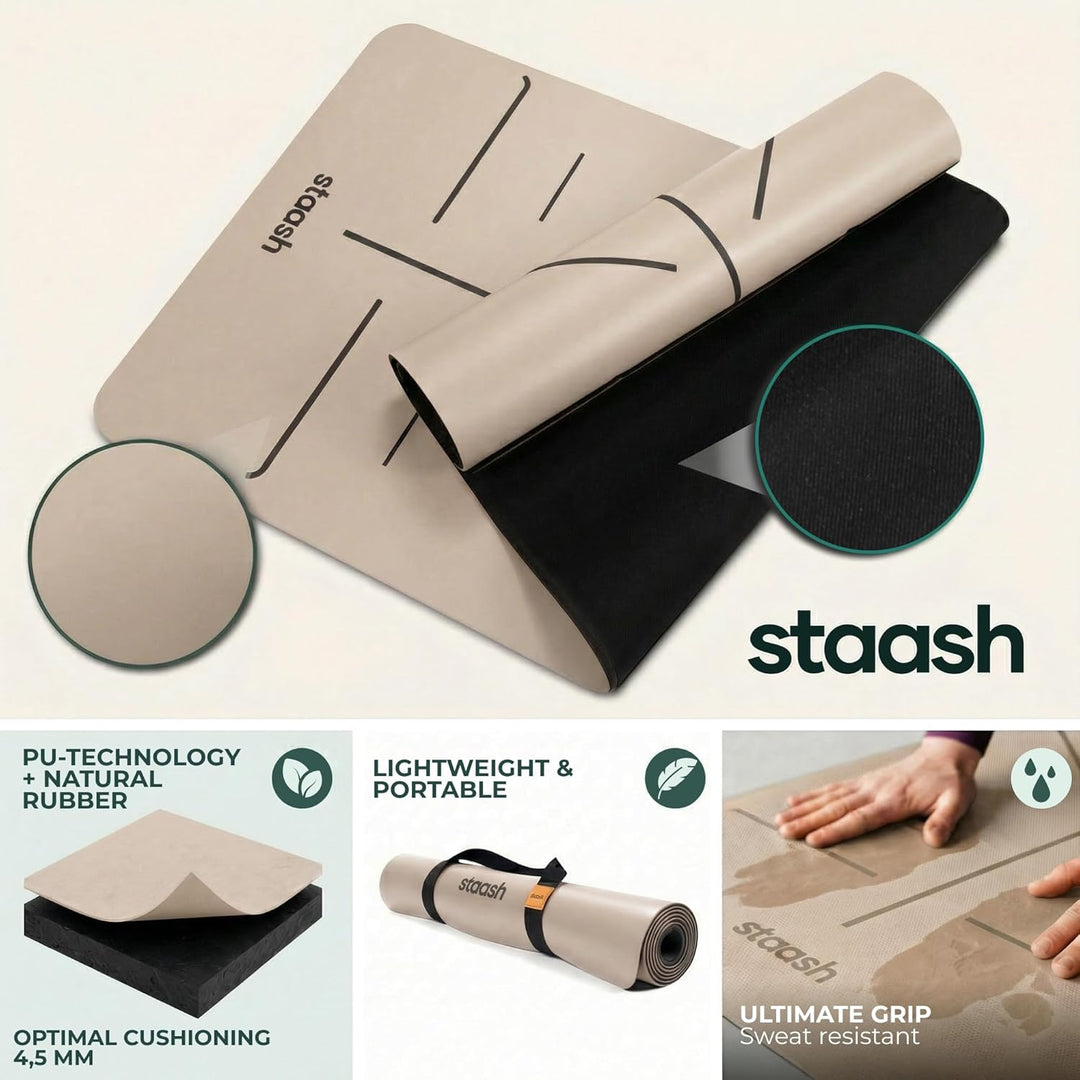 STAASH Premium Yogamatte Set – Rutschfest aus PU & Naturkautschuk (4,5mm) – Inkl. Yoga Handtuch, Gur