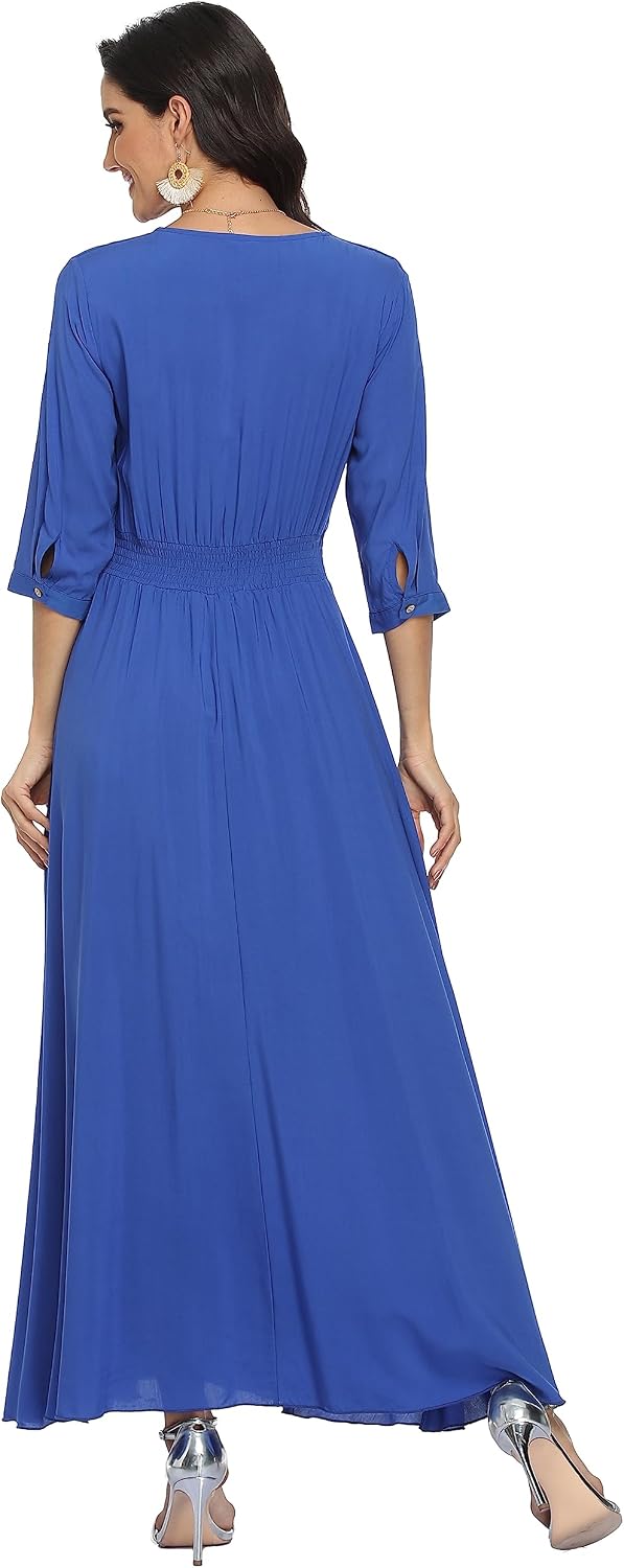 VOGMATE Damen Lange Split Knopf Up Sommer Maxikleid Floral Strandwear Holidy Kleid Hohe Taille mit k