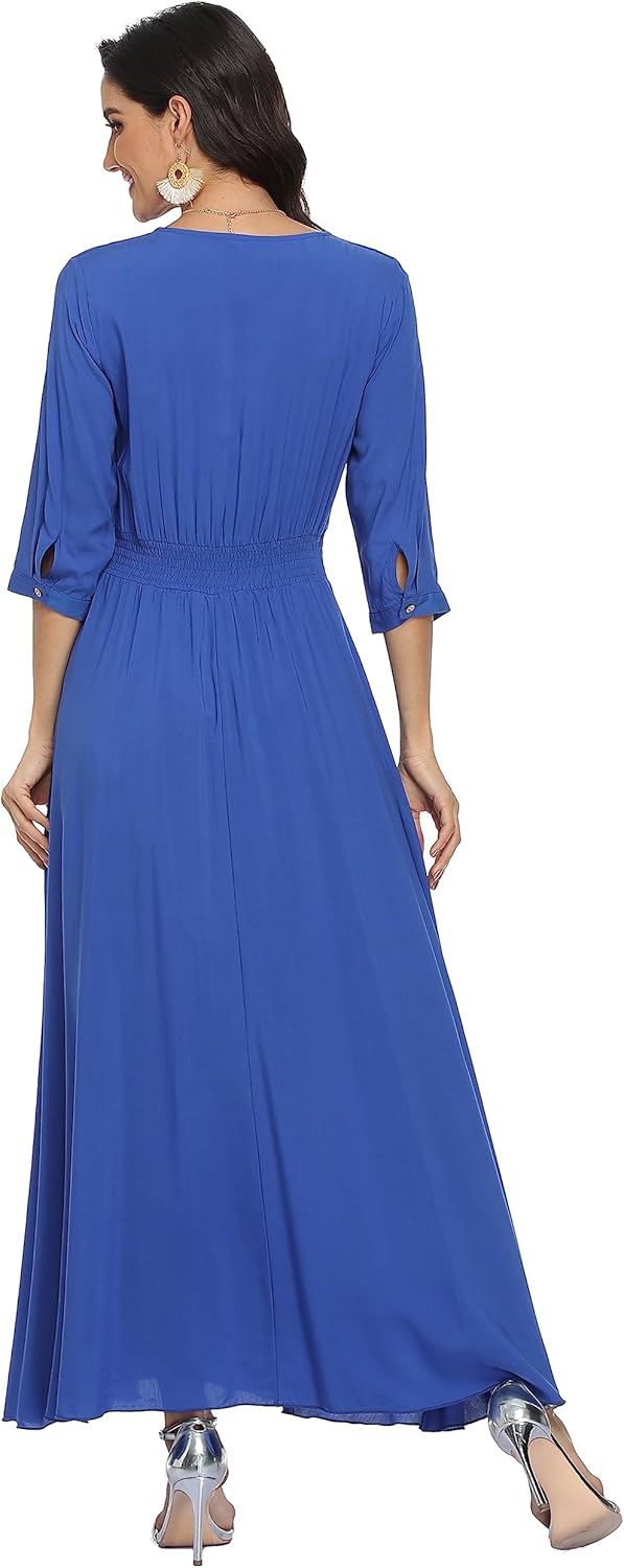 VOGMATE Damen Lange Split Knopf Up Sommer Maxikleid Floral Strandwear Holidy Kleid Hohe Taille mit k