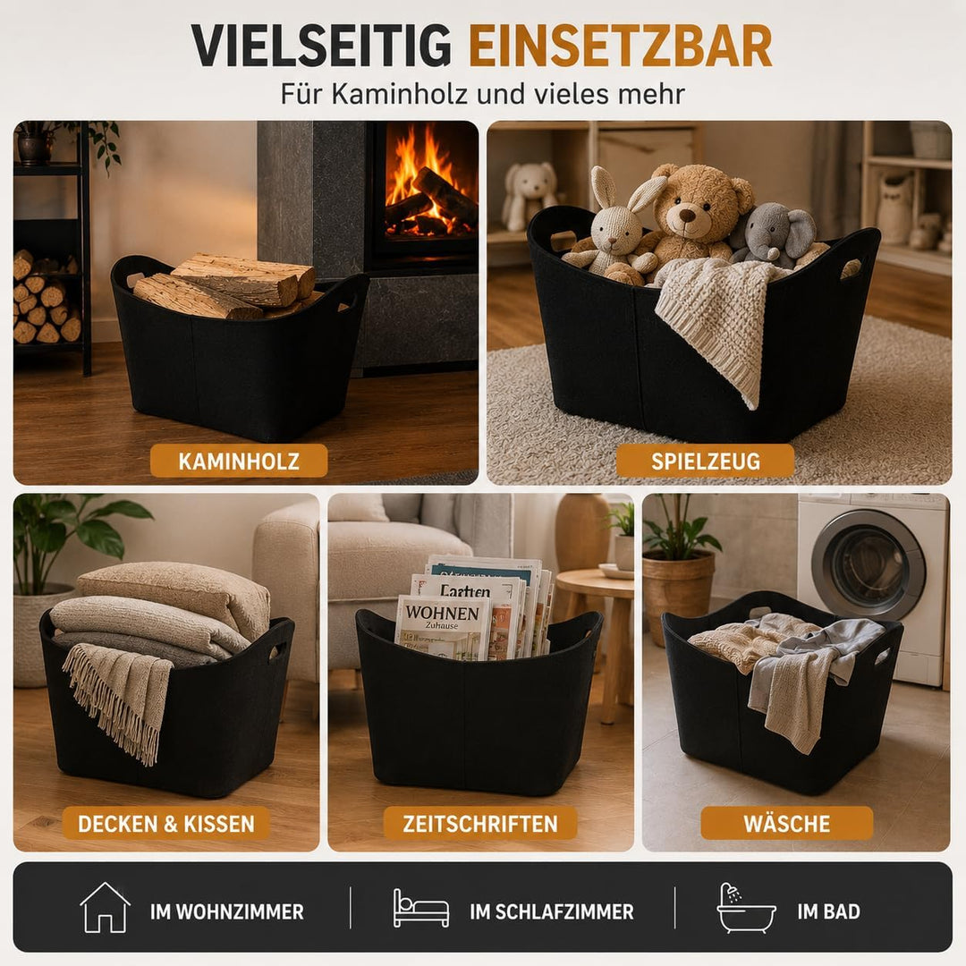Hochwertiger Filzkorb schwarz - Aufbewahrung für Holz - Premium Qualität Brennholz Korb aus Filz – s