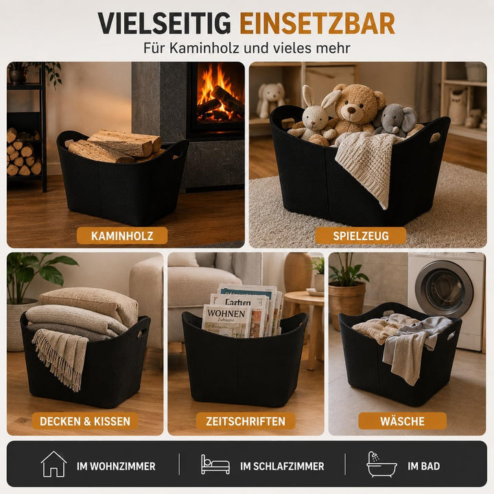 Hochwertiger Filzkorb schwarz - Aufbewahrung für Holz - Premium Qualität Brennholz Korb aus Filz – s