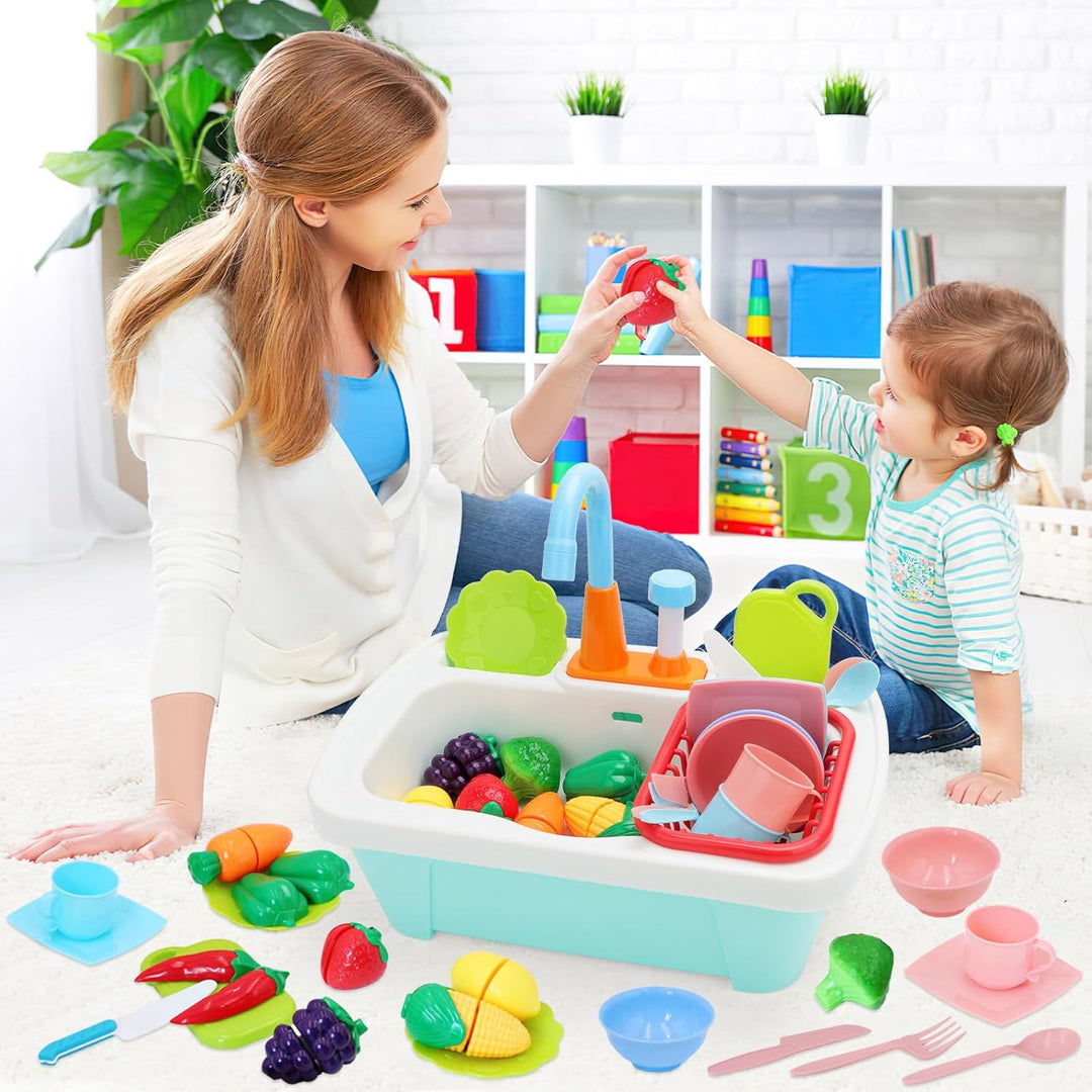 deAO Kinderwaschbecken mit echtem Wasser – Spielküche mit Spüle und Zubehör, Lernspielzeug für Kinde
