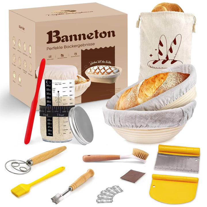 Gärkorb Brot Set mit 2 Gärkörbchen, Sauerteig Starter Set und Komplettset Backzubehör, sauerteig sta