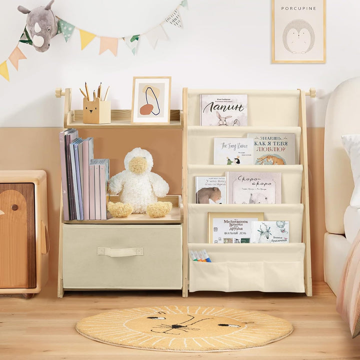 Bücherregal Kinder Kinderzimmer Spielzeug Aufbewahrung mit 4 Regalebenen & Aufbewahrungsbox, Kinderr