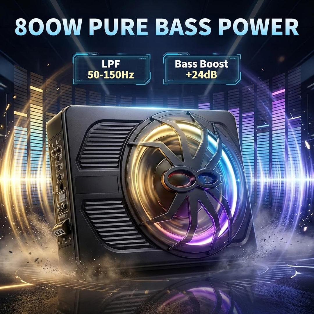 Aktiv Subwoofer für Auto, 800W Ultradünner 10 Zoll Subwoofer mit integriertem Verstärker, Tiefpassfi