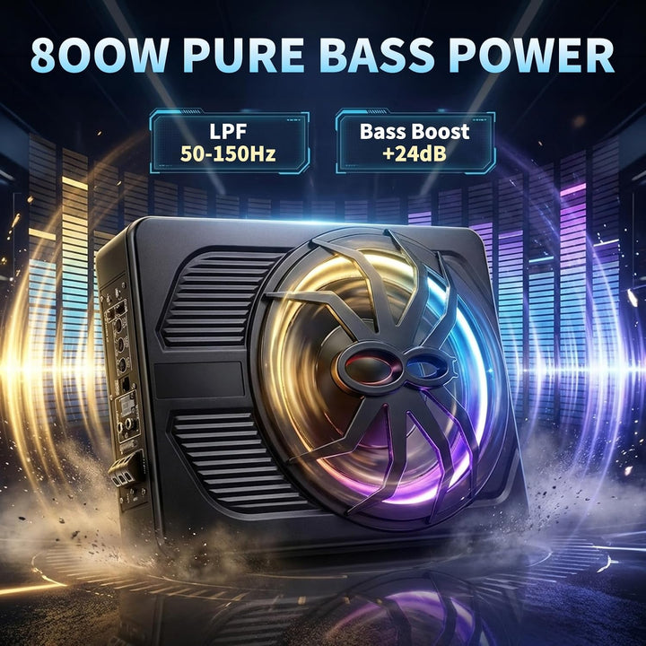 Aktiv Subwoofer für Auto, 800W Ultradünner 10 Zoll Subwoofer mit integriertem Verstärker, Tiefpassfi