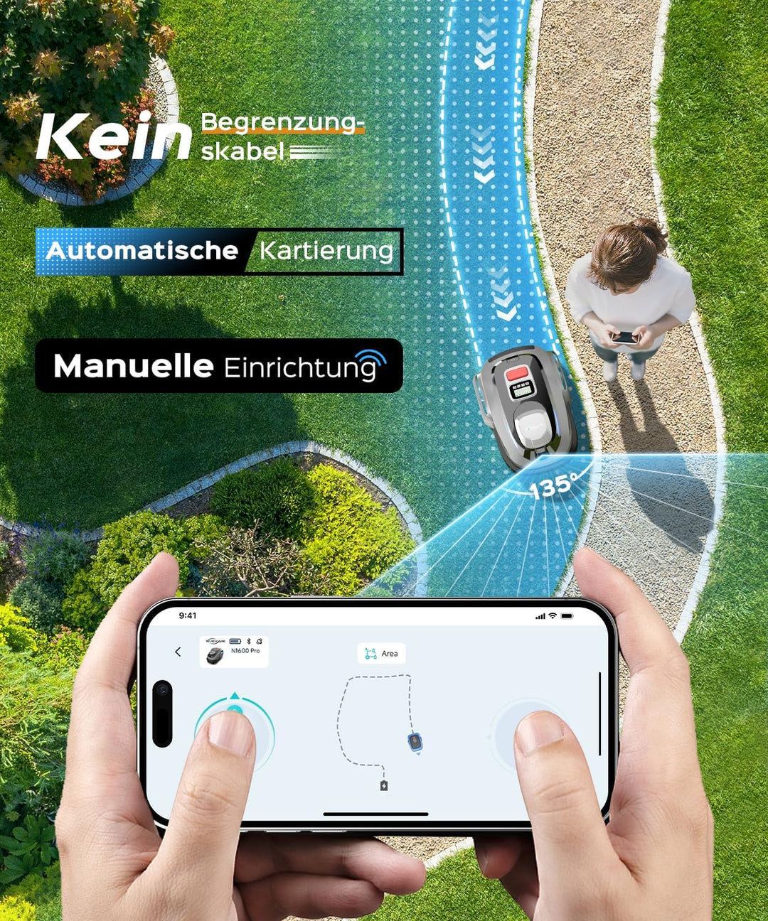 N1600PRO Mähroboter ohne Begrenzungskabel,RTK+KI Vision Rasenmäher Roboter,Max.1600 m²,U-förmiges Mä