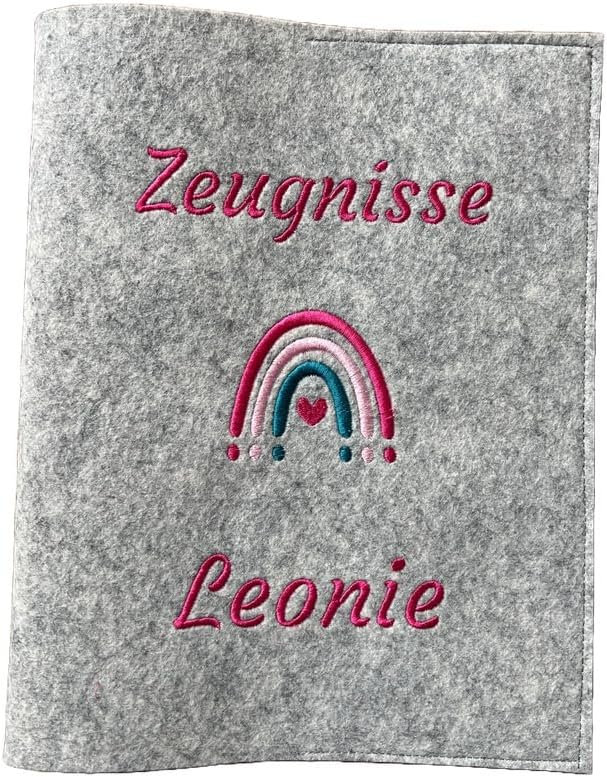 Personalisierte Zeugnismappe A4 aus Filz | Bunter Regenbogen| hochwertig bestickt | Schulkind | Gesc