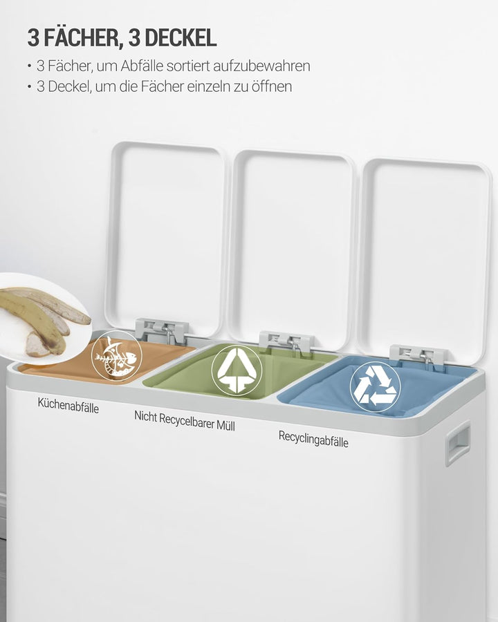 Hzuaneri Mülleimer Küche, Mülltrennsystem 3 Fächer 45L (3 x 15 L), Edelstahl-küchenmülleimer, Tretmü