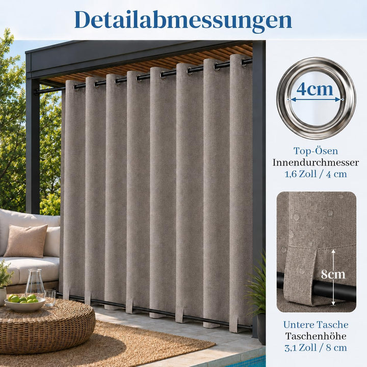Rosnek Outdoor Vorhang Wetterfest Extra Breit B254 x H274 cm, 100% Blickdicht Winddicht mit Ösen Obe