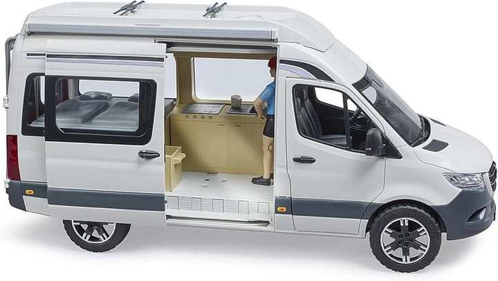 bruder 02672 - Mercedes-Benz Sprinter Camper mit Fahrer, Camping-Set, Geschirr - Wohnmobil Reisemobi