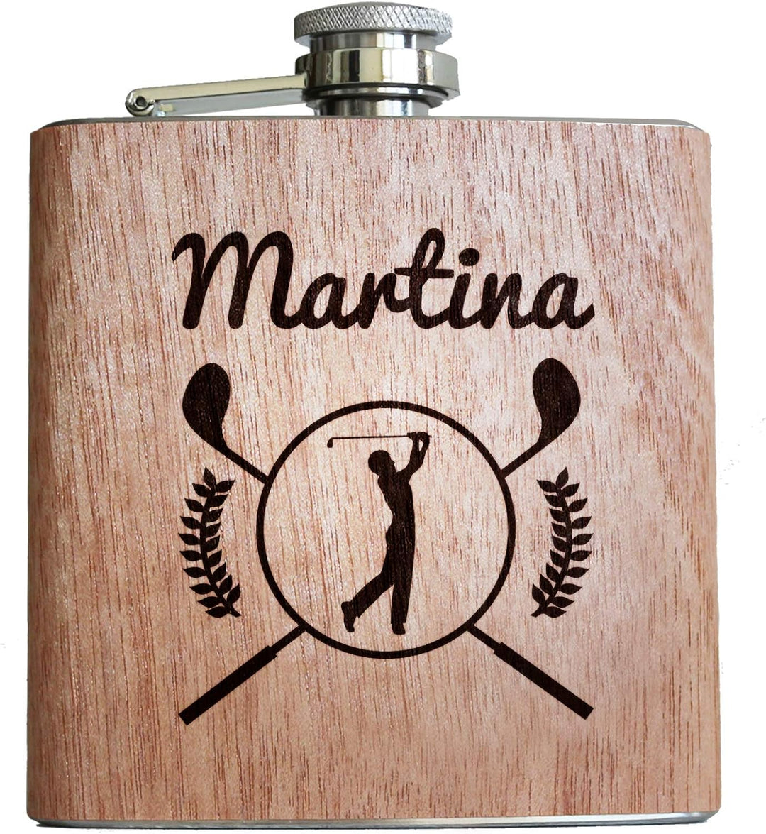Pixelstudio Golf Holz Flachmann mit Gravur eigener Name persönlich Geschenk Golfer personalisiert Ge