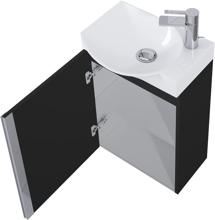 VBChome Badmöbel Set 45 cm Weiss Waschbecken mit Schwarz Matt Hängeschrank Waschtisch 1-Türen Soft-C