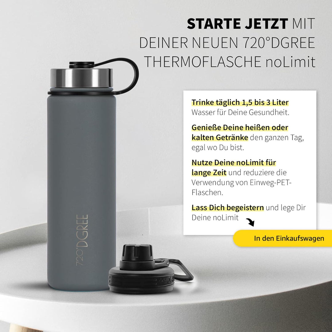 720°DGREE Edelstahl Trinkflasche 1200ml “noLimit” - Auslaufsicher, Kohlensäure geeignet, BPA-Frei -