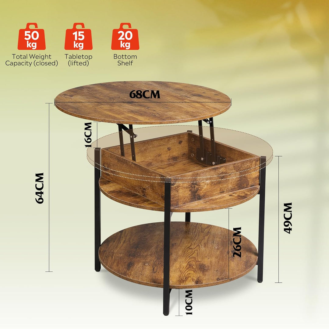 WLIVE Couchtisch Rund mit Hebeplatte, Wohnzimmertisch Höhenverstellbar mit Stauraum, 60 x 60 x 50 cm