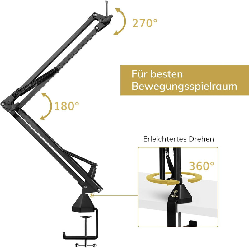 TONOR Mikrofon Ständer, einstellbarer Mikrofonarm mit Popschutz, 3/8" bis 5/8" Adapter, Mikrofonclip