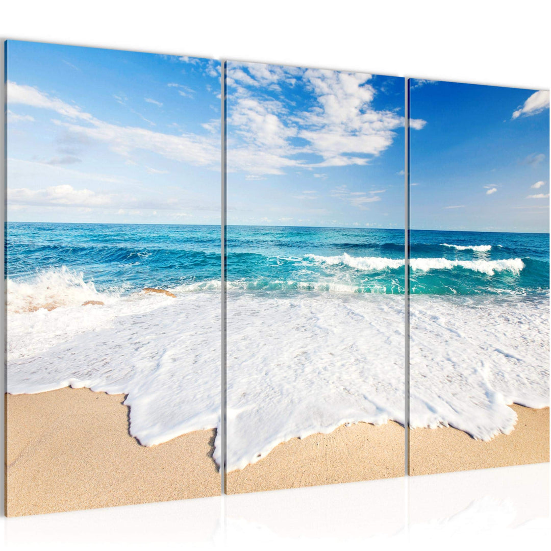 Runa Art Wandbilder Strand Meer Bild XXL Schlafzimmer Wohnzimmer Beige Blau Welle 120 x 80 cm 3 Teil
