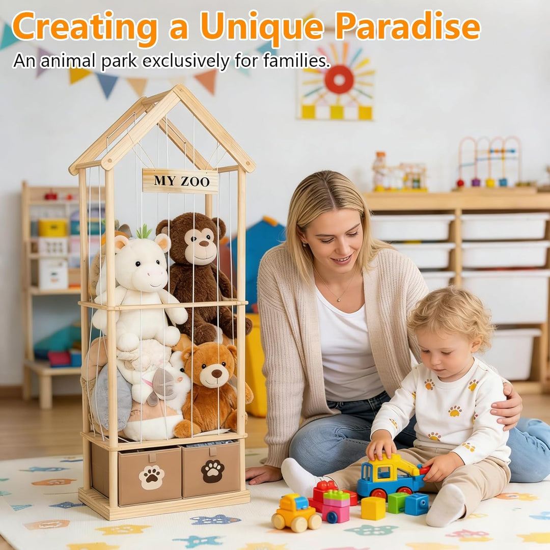 165x58x33cm Plüschtier Aufbewahrung aus Holz mit 2 Schubladen, Massivholz Kiefer Kuscheltier Organiz