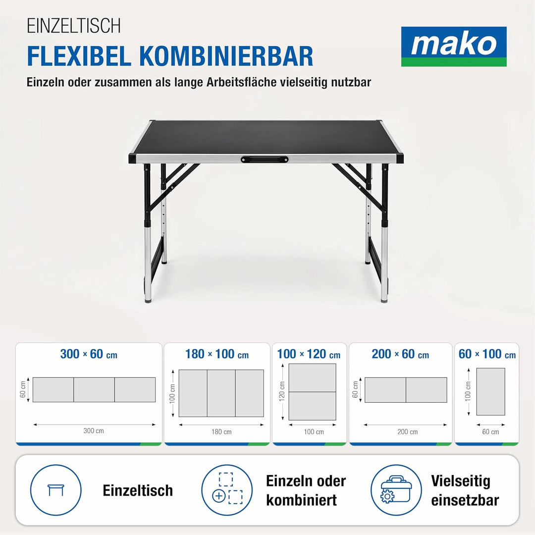 mako Multifunktionstisch Profi – Höhenverstellbarer Mehrzwecktisch 60 x 100 cm - Campingtisch, Klapp