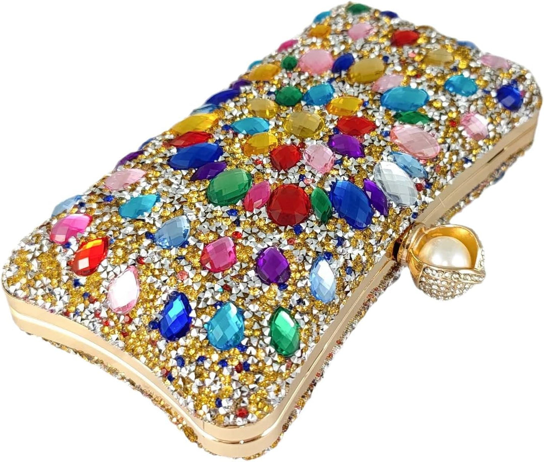 Boutique De FGG Pearl Clasp Crystal Clutch Purses for Women's Evening Handbags Wedding Party Rhinest