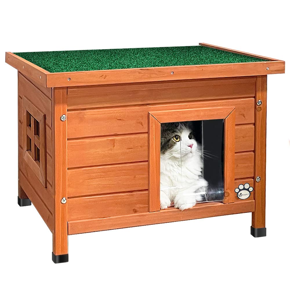 VOUNOT® Katzenhaus aus Holz, Katzen Haus mit Asphaltdach, Katzenhütte für Draussen Outdoor 57 x 45 x
