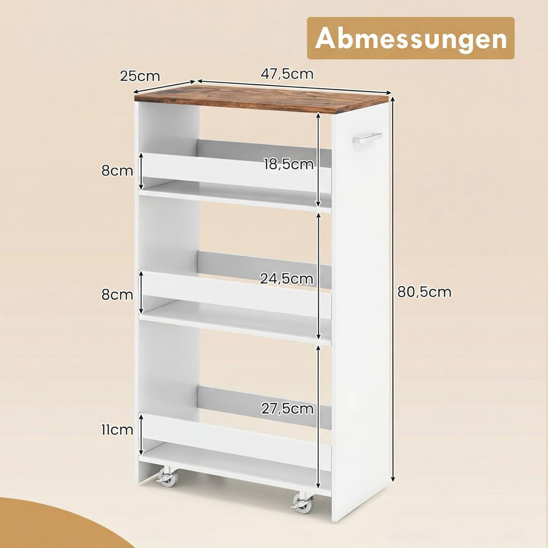 COSTWAY Nischenwagen 25cm breit, 4 Etagen Küchenwagen schmal, Nischenregal auf Rollen, Servierwagen