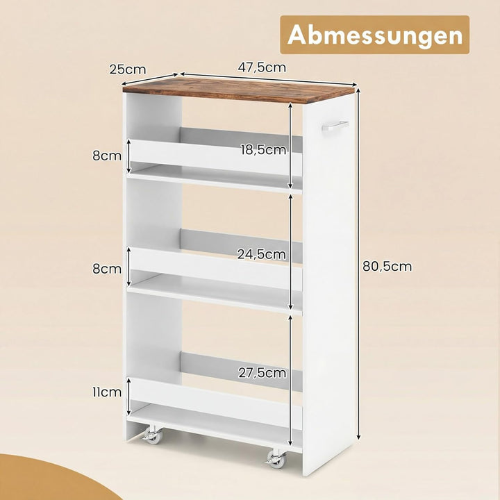 COSTWAY Nischenwagen 25cm breit, 4 Etagen Küchenwagen schmal, Nischenregal auf Rollen, Servierwagen