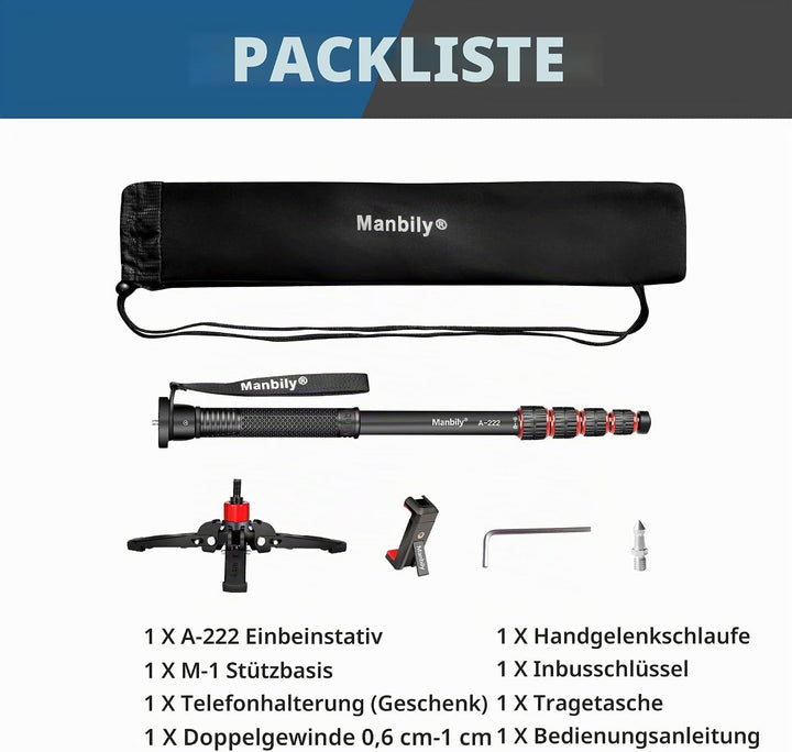 Manbily ausziehbares Kamera-Einbeinstativ aus Aluminium mit Füssen, tragbarer Reise- und abnehmbarer