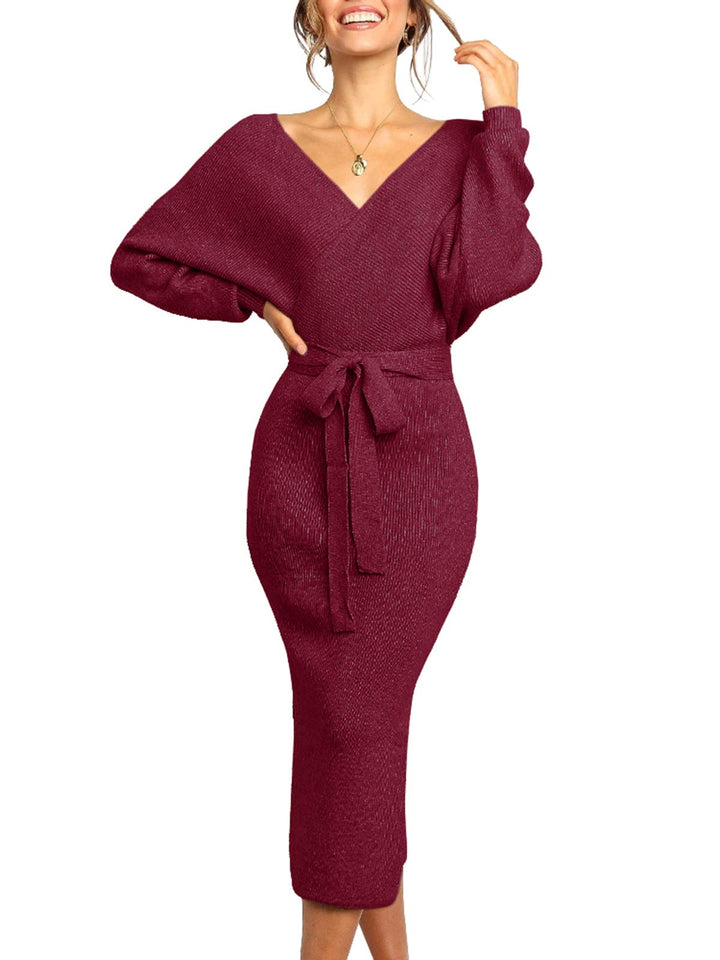 Saodimallsu Damen V-Ausschnitt Pulloverkleid Strickkleid Langarm Pullover Schlitz Offener Rücken Fig