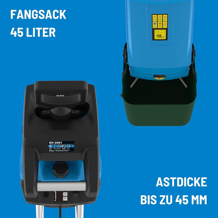 Güde Gartenhäcksler GH 2501 (2500 W, Messertechnik, wartungsarm, Selbsteinzug, Transporträder, Überl