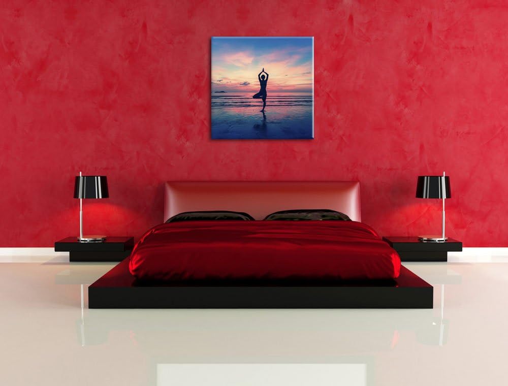 Pixxprint Yoga am Strand, Format: 70x70 auf Leinwand, XXL riesige Bilder fertig gerahmt mit Keilrahm