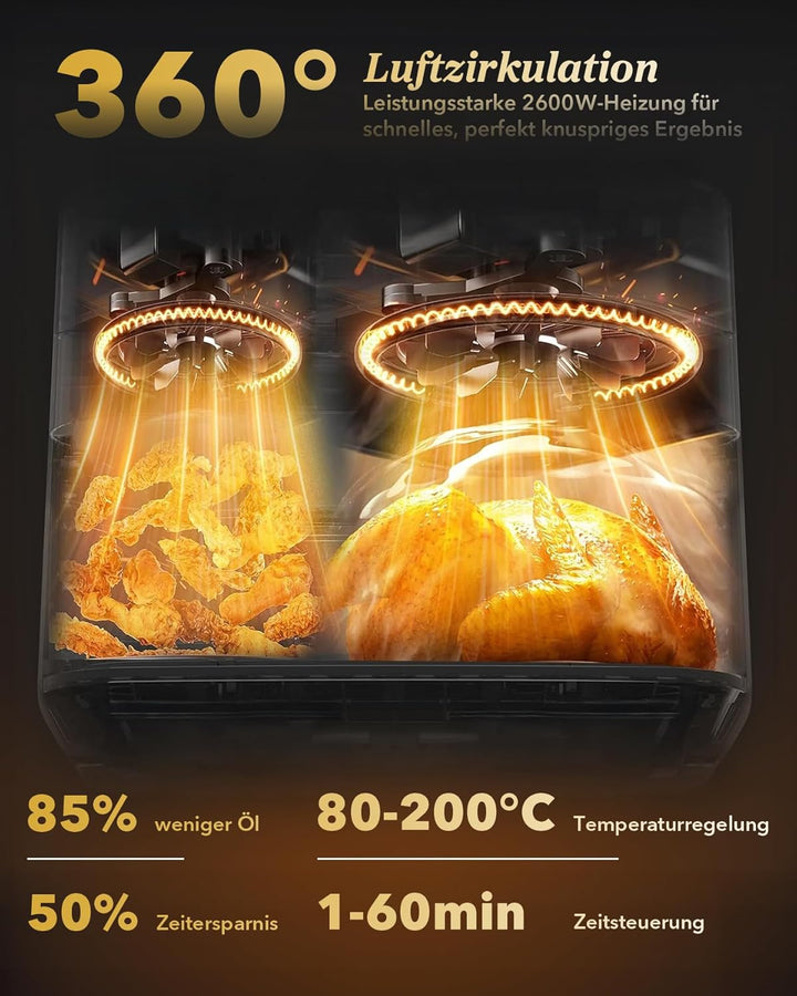 WELLENT 11L Airfryer 2 Kammern, 2600W Heissluftfritteuse XXL(4+7L),10-in-1 Heissluftfritteuse Doppel