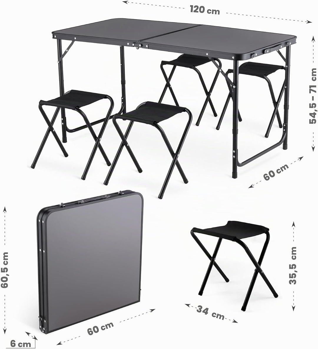 Campingtisch mit 4 stühlen, Verstellbare Höhe Tragbarer Klappbar Grilltisch 120 x 60 cm mit Tragegri