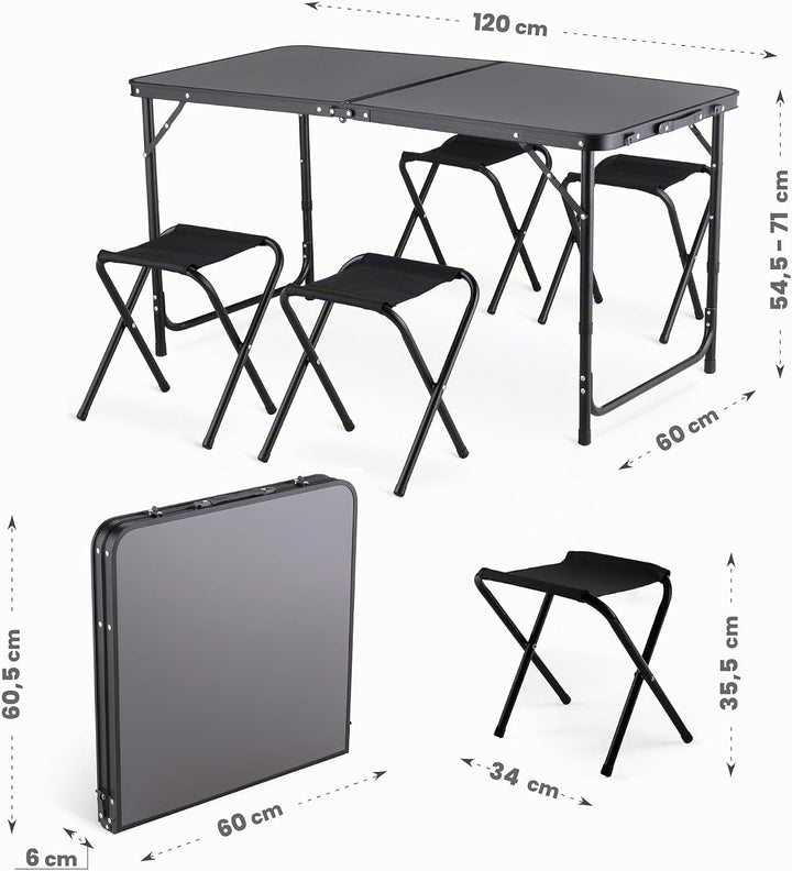 Campingtisch mit 4 stühlen, Verstellbare Höhe Tragbarer Klappbar Grilltisch 120 x 60 cm mit Tragegri