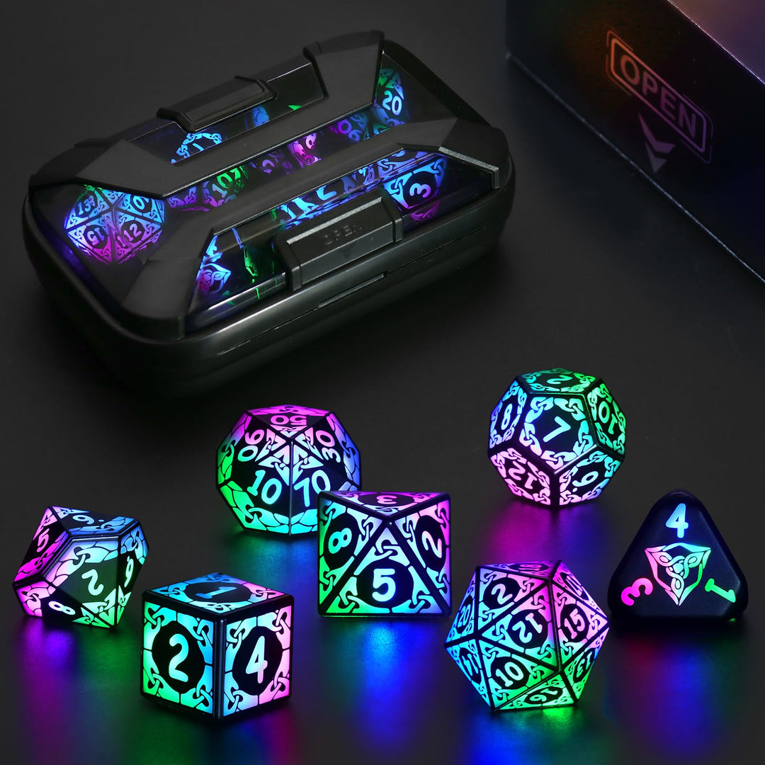 ZHOORQI DND Würfel Set, 7 Pcs LED Dice Wiederaufladbar mit Ladebox, Dungeons and Dragons Würfelset P