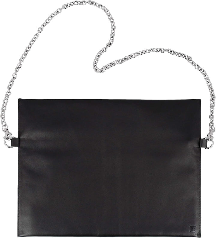 DUDU Schulter-Tasche Schwarz Damen aus Leder mit Kette Elegant Flaches Design mit Reissverschluss Sc