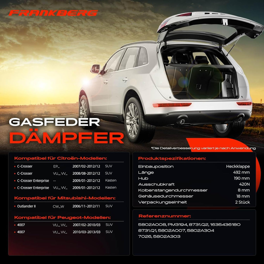 Frankberg 2x Gasfeder Dämpfer Heckklappe Kompatibel mit C-Crosser EP SUV 2007-2012 Outlander II CW W