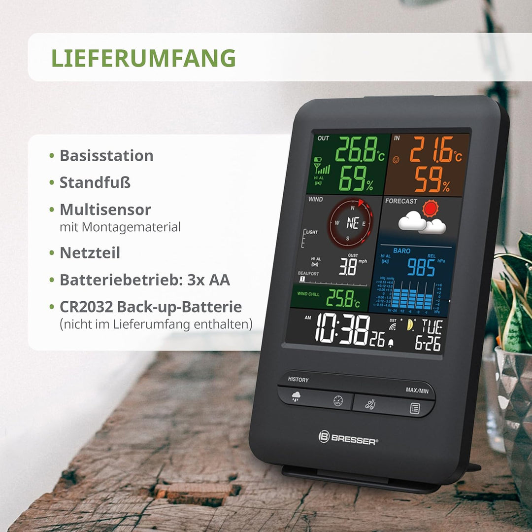 Bresser Wetterstation Funk mit Aussensensor Wetter Center 5-in-1 Beaufort mit grossem Farbdisplay, S