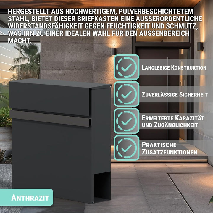 Briefkasten | Anthrazit | Pulverbeschichteter Stahl | Sicherheitszylinderschloss | Grosse Einwurföff