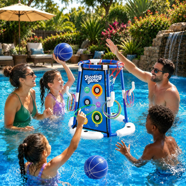Sternstunde Pool Basketballkorb Kinder mit 4 Basketballs, 12 Wurfringen, 12 Klebebällen und 2 Velour
