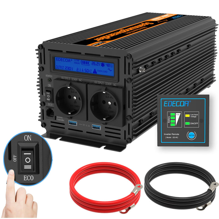 EDECOA Wechselrichter 24v 230v 2000w Reiner Sinus Spannungswandler mit ECO-Modus LCD-Bildschirm 2X U