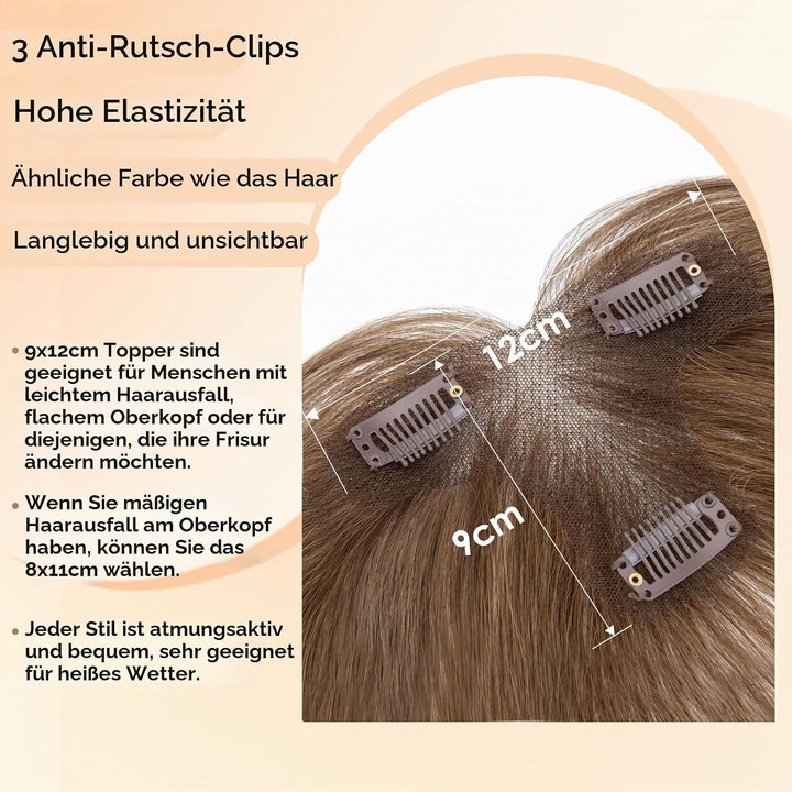 S-noilite Echthaar Toupets für Frauen Mittelbraun - 9x12cm T-Sharp Haar Toppers Clip in Haarteile Ec