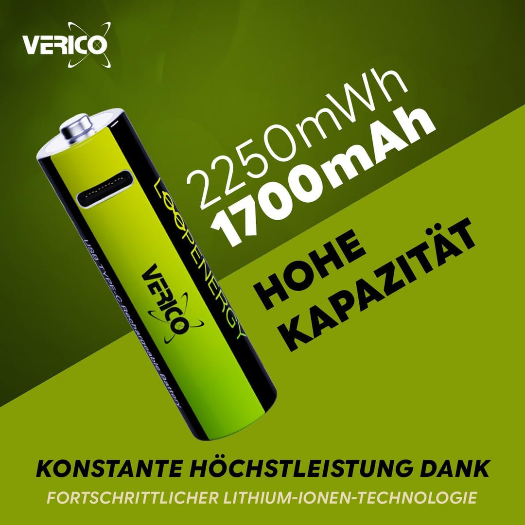 VERICO LoopEnergy AA 2550 Wiederaufladbare USB-C Batterie AA 1,5V 2550mWh (1700mAh) Li-Ion, Schnelll