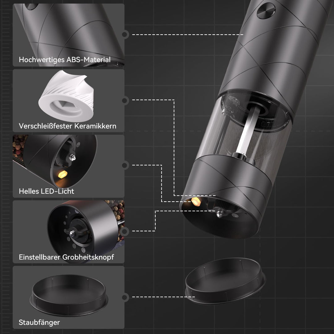 Salz und Pfeffermühle elektrische 2er Set, USB wiederaufladbare-Gewürzmühle elektrisch, einstellbare