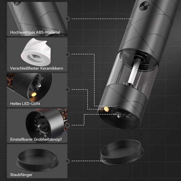 Salz und Pfeffermühle elektrische 2er Set, USB wiederaufladbare-Gewürzmühle elektrisch, einstellbare
