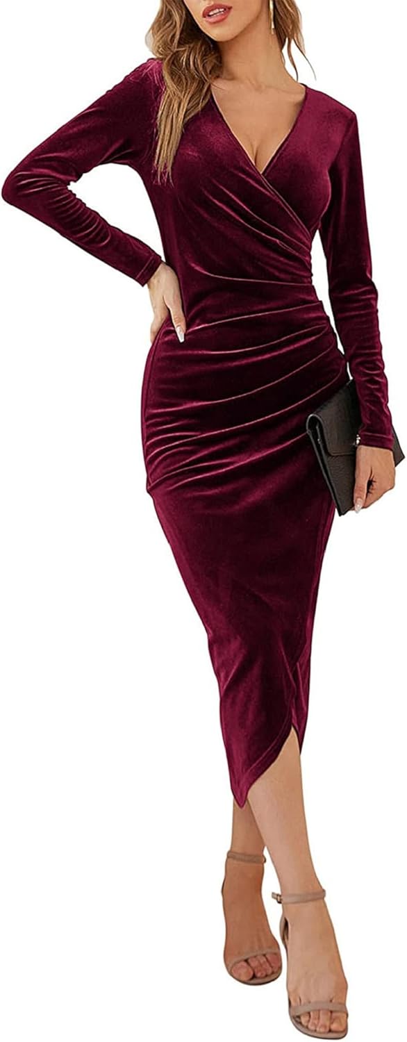 Yutdeng Kleid Lang Damen Elegant Partykleid Samt V Ausschnitt Cocktailkleid Abendkleid Bodycon Kleid