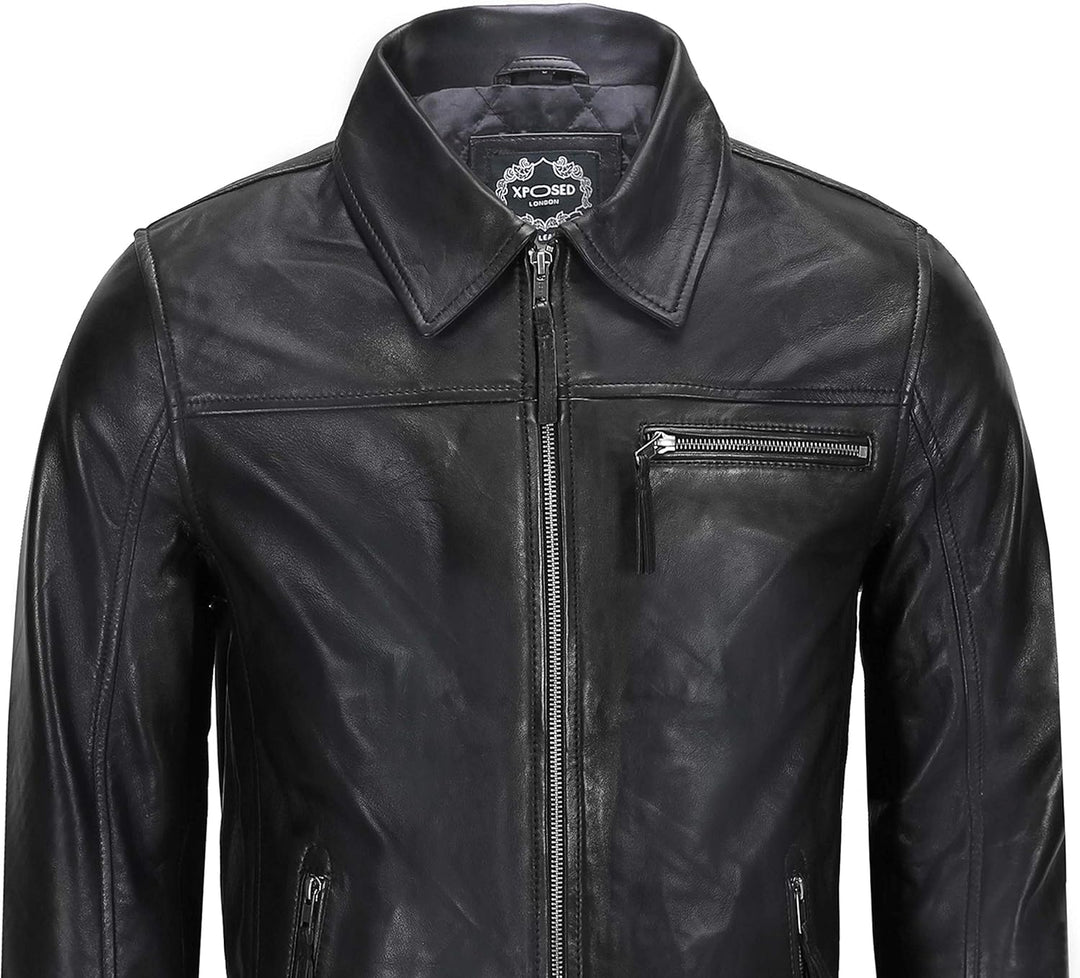 Xposed Männer Echte Lederjacke Klassischer Kragen Retro-Reissverschluss-Biker-Stil Smart Casual Slim