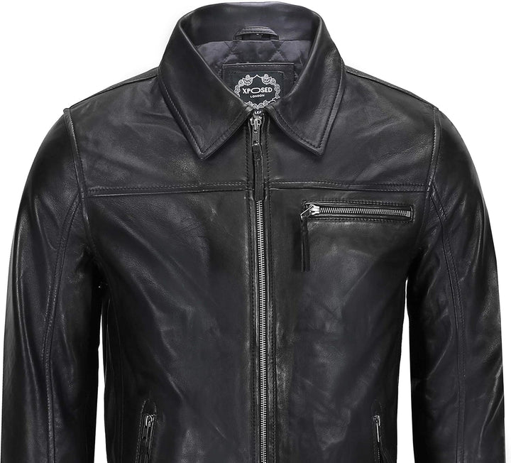 Xposed Männer Echte Lederjacke Klassischer Kragen Retro-Reissverschluss-Biker-Stil Smart Casual Slim
