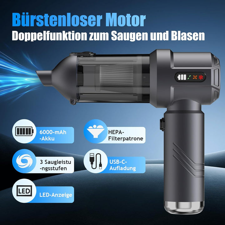 Handstaubsauger Akku, 26000Pa Mini Staubsauger, 6000mAh, 4-in-1 Auto Staubsauger Stark Blasen und Sa