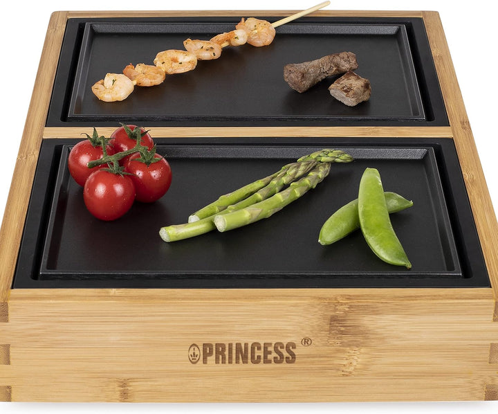 Princess 104040 Dinner4All Pure Tischgrill mit Bambusgehäuse, für bis zu 4 Personen, 4 Grill- und 4